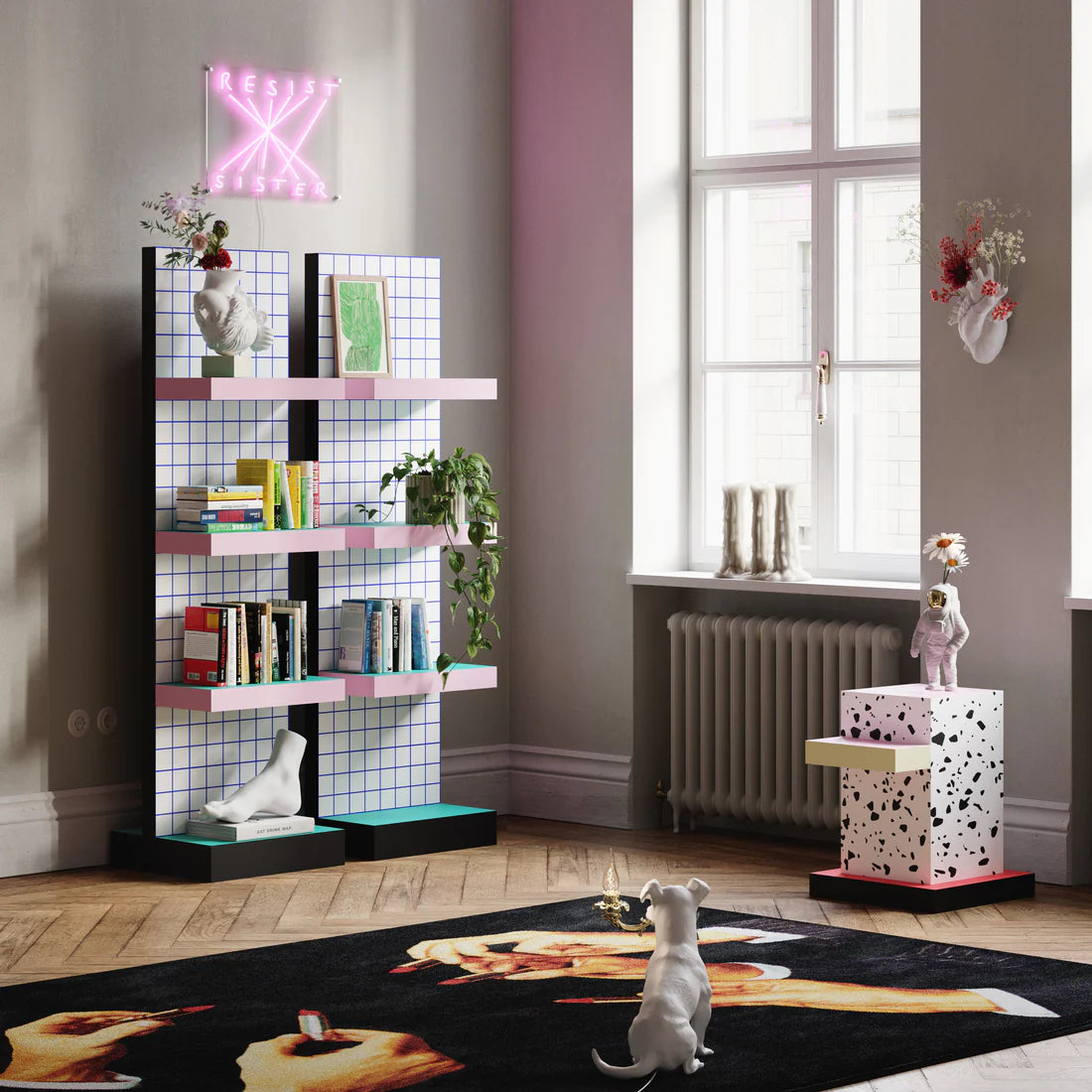 SUPERSHELF BLUE GRID white with pink and green
