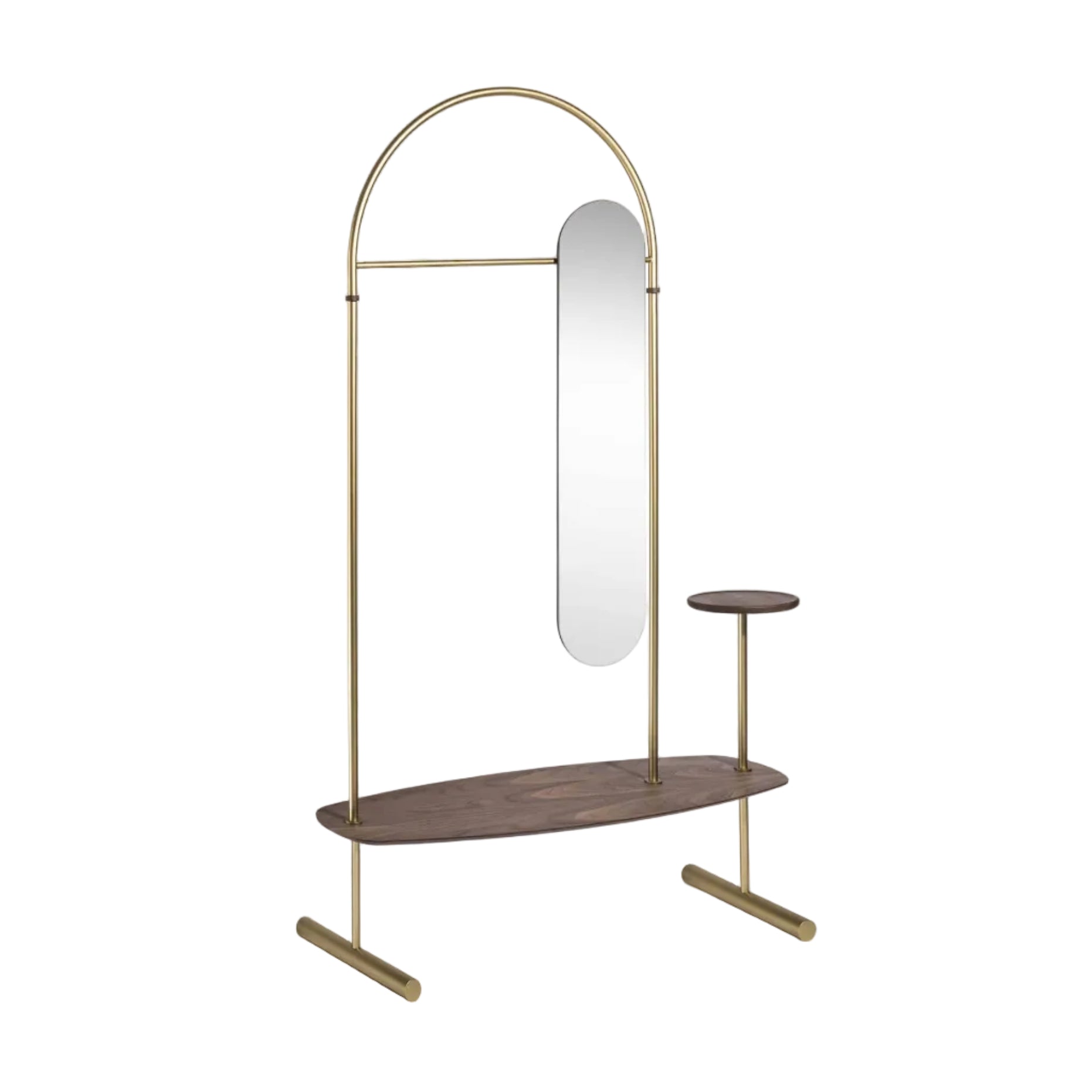 ARCO Coat Rack with Mirror, Walnut Wood with Brass Finish