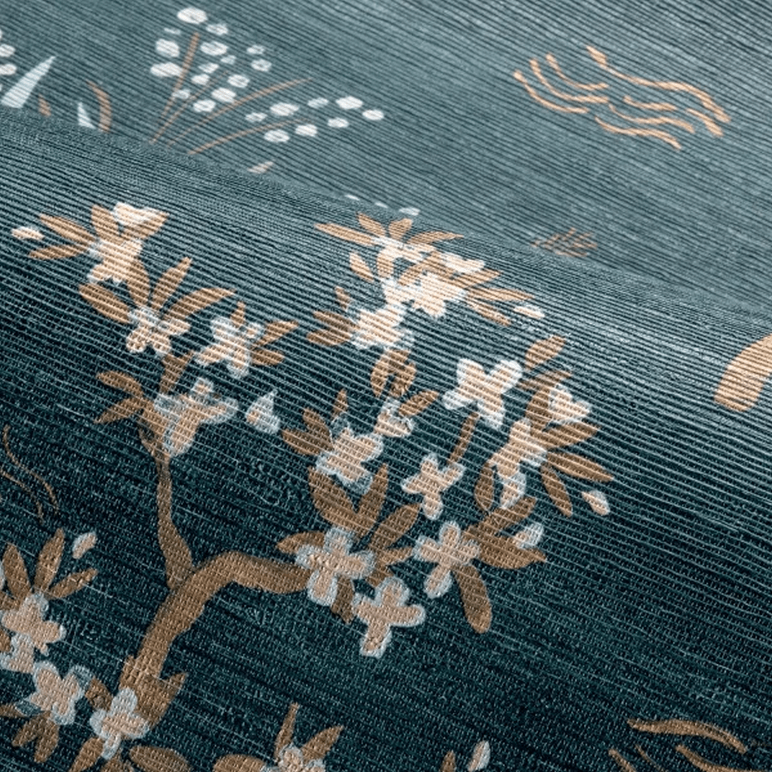 Structural wallpaper with an oriental tree plant motif LEGENDES - PÉTROLE sea green