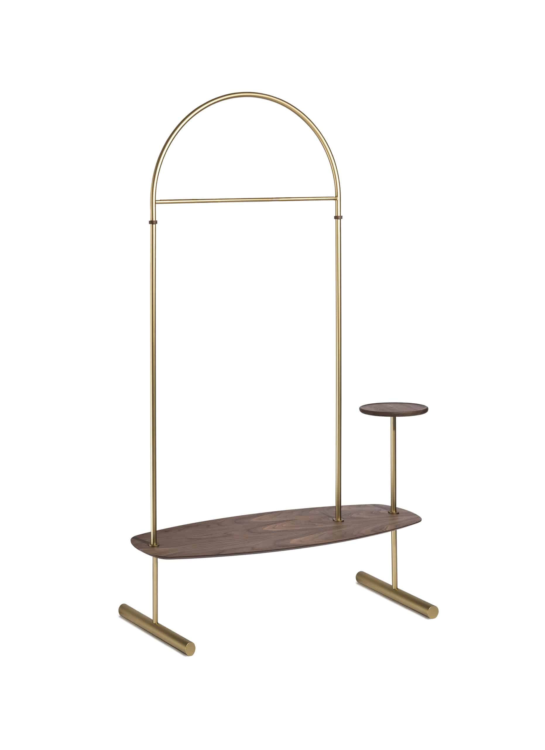 ARCO Coat Rack with Mirror, Walnut Wood with Brass Finish