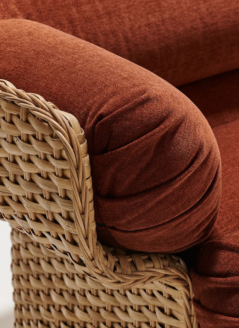 BASKET armchair in burgundy with rattan