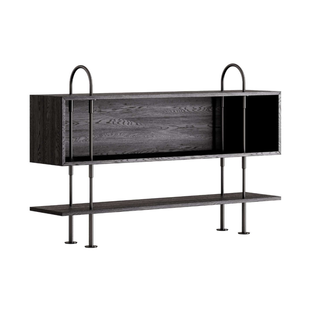 Regál KEEN BOX tmavé jaseňové drevo s čiernym mosadzným rámom