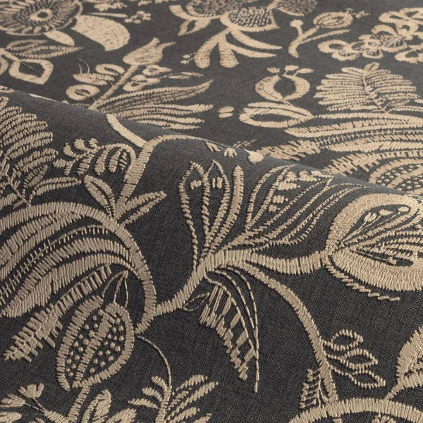 Structural wallpaper imitating embroidery with a floral and leaf pattern PASTEL dark brown