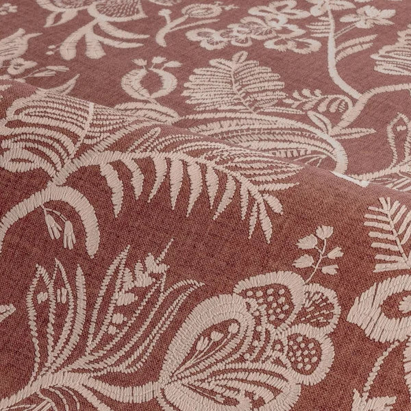 Structural wallpaper imitating embroidery with a floral and leaf pattern PASTEL terracotta with beige