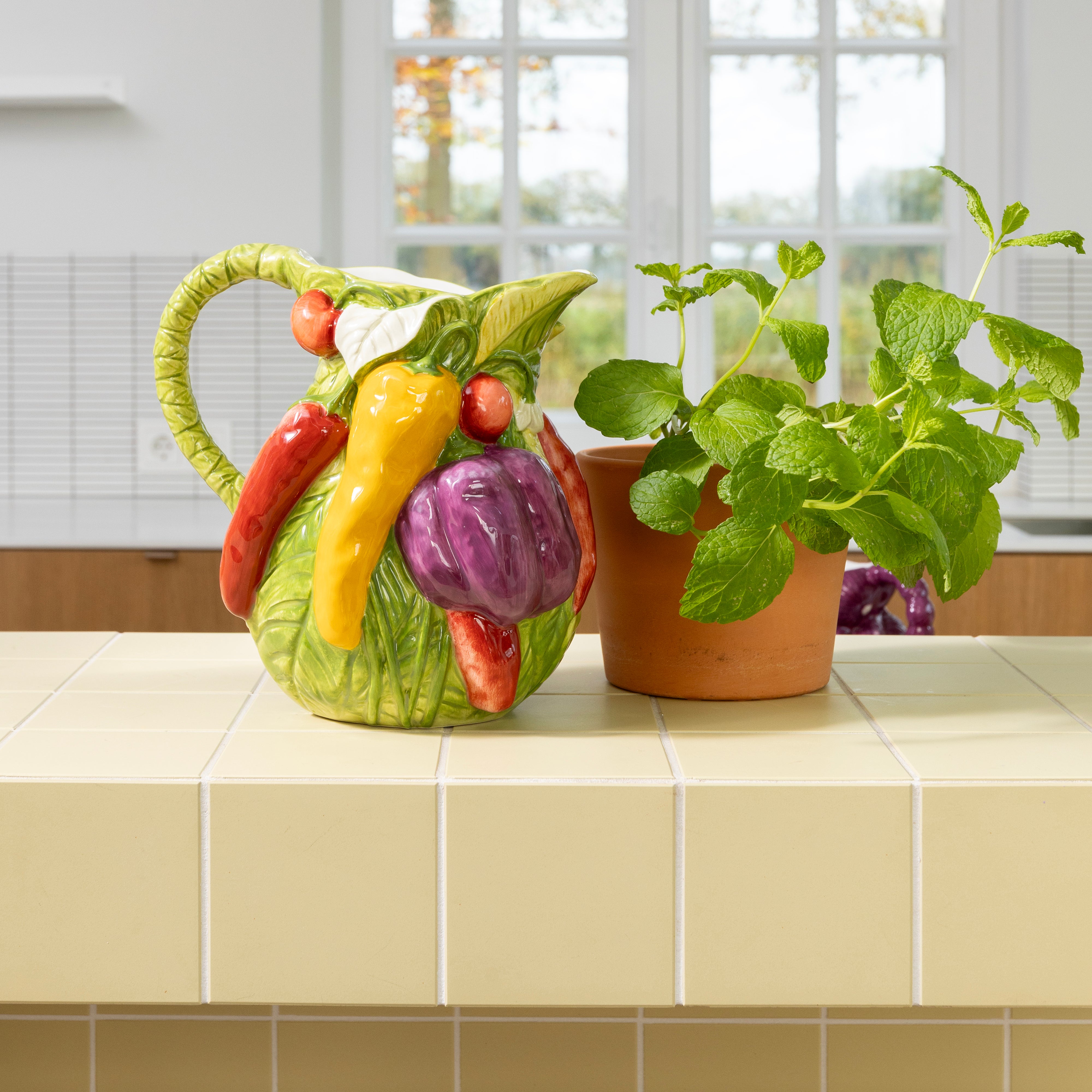 LEGUME PEPPER green jug with yellow and red