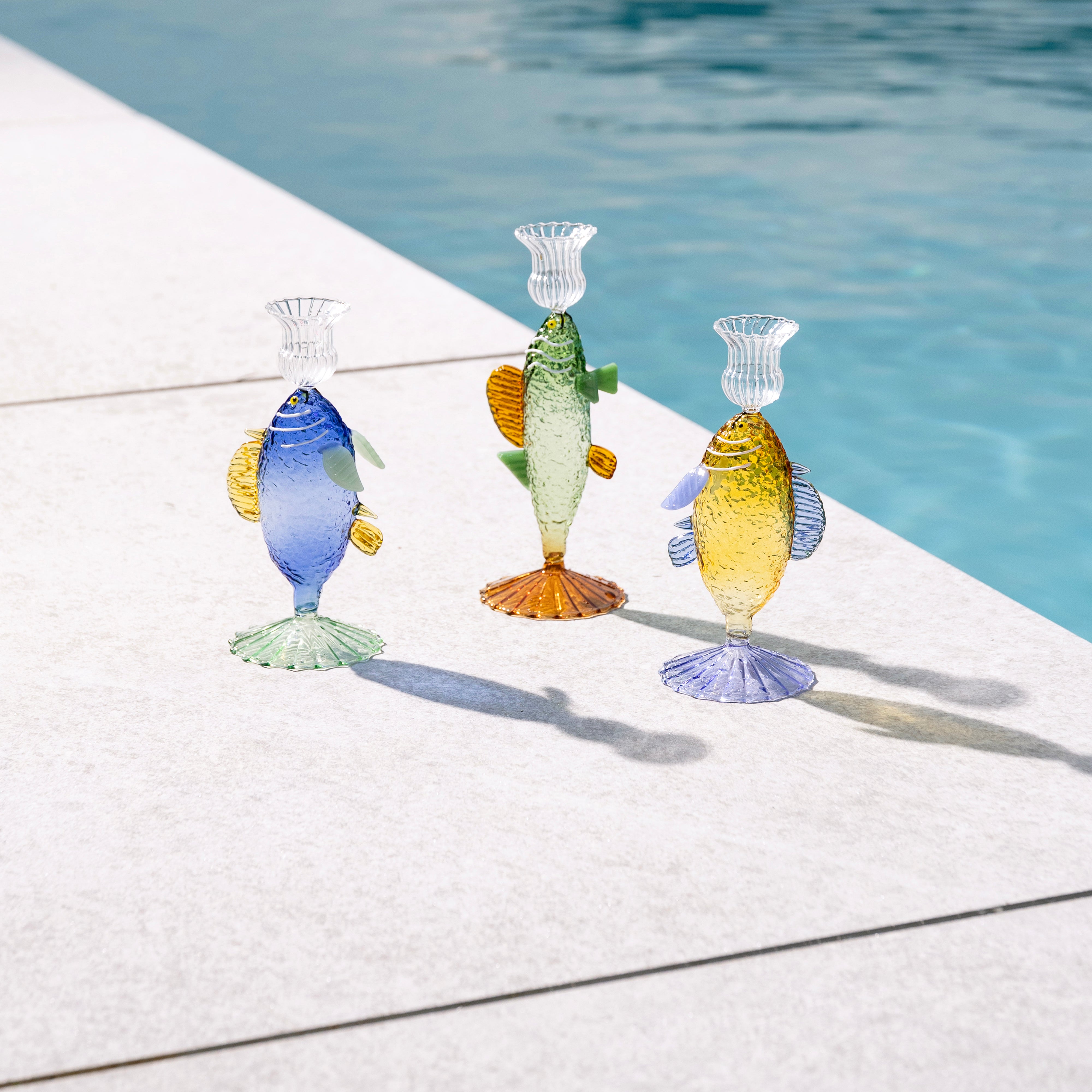 Yellow Glass Candle Holder FISH with Blue