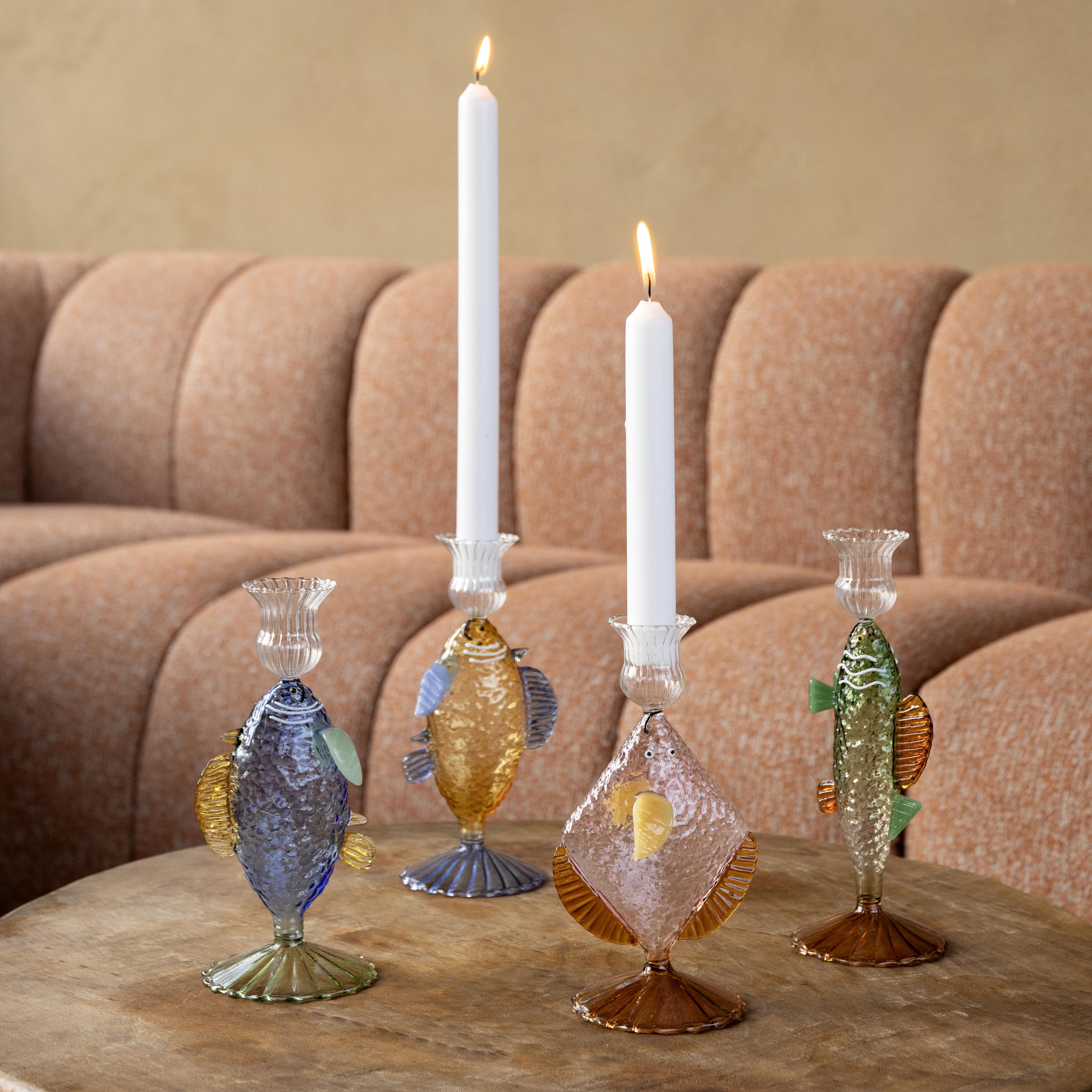 Yellow Glass Candle Holder FISH with Blue