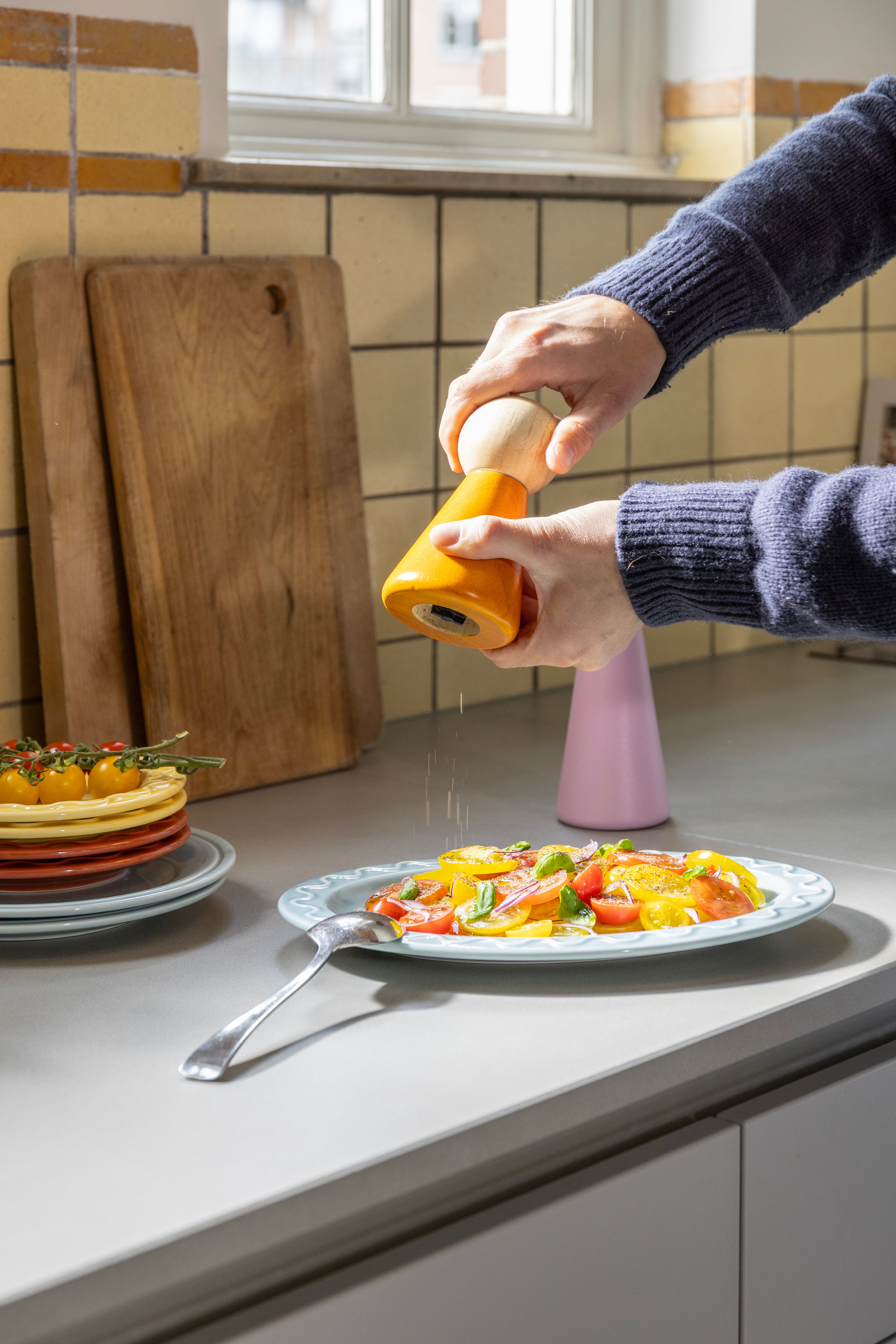 HALMA SMALL Orange Spice Grinder with Wood