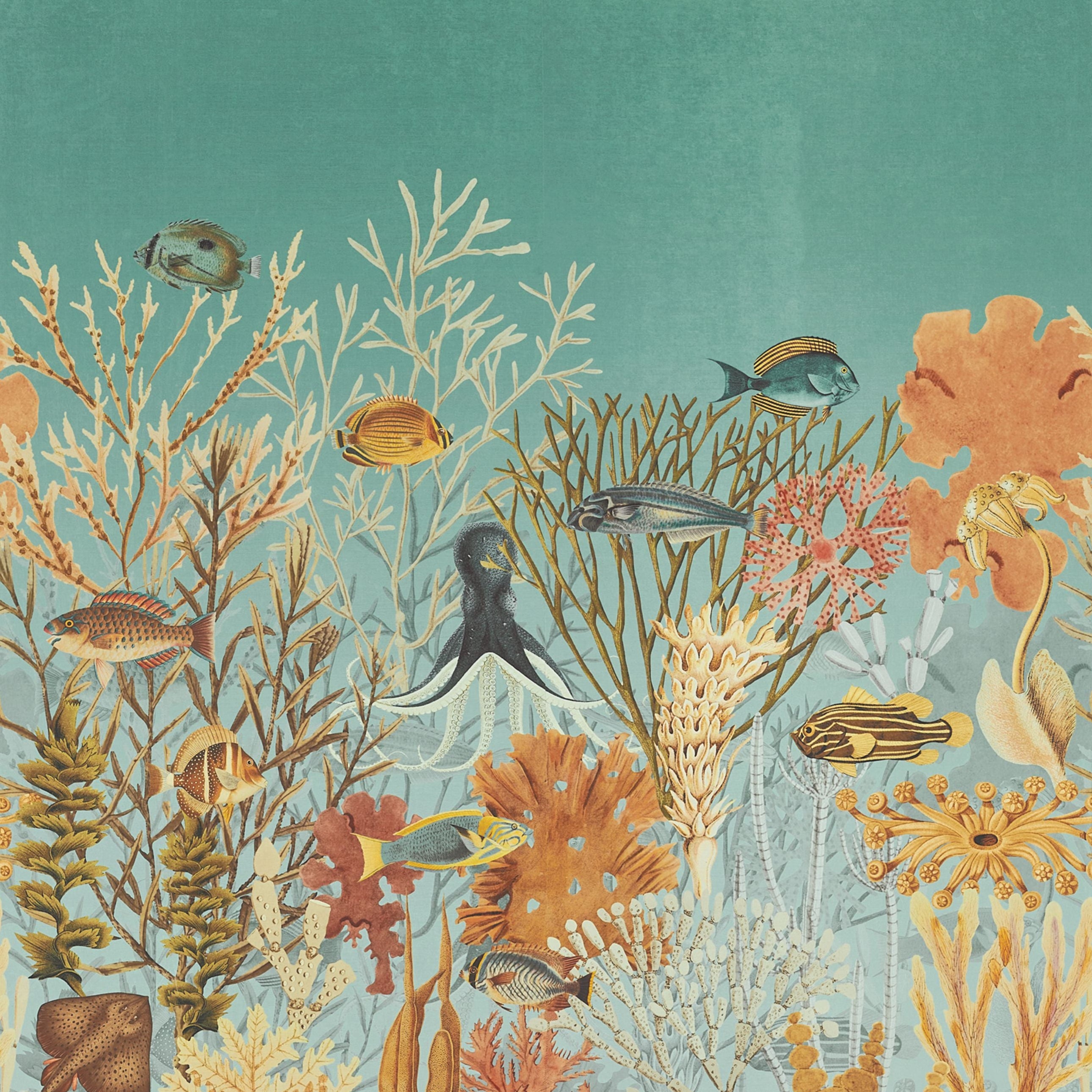 Textile mural with coral reef motif MOOREA in blue