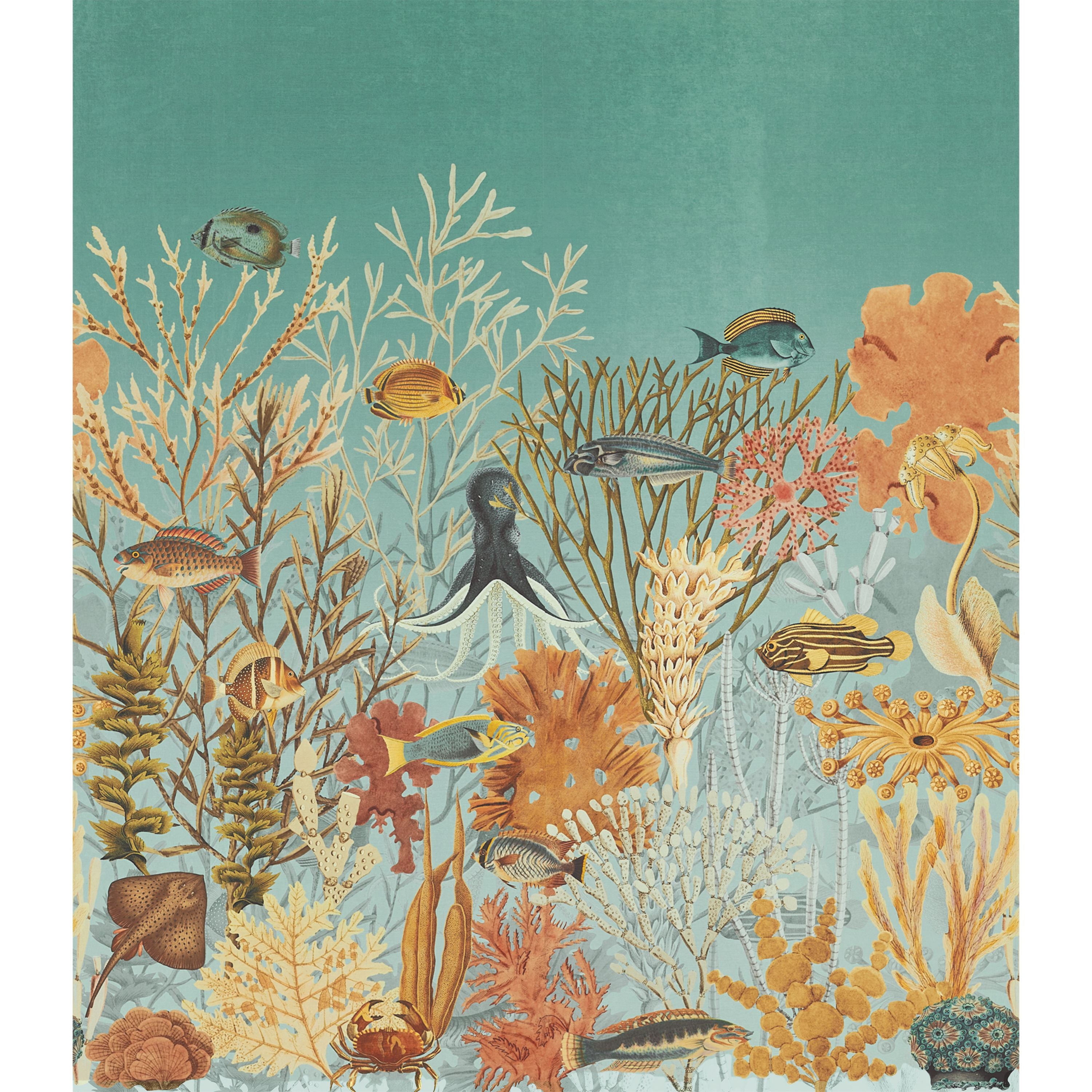 Textile mural with coral reef motif MOOREA in blue