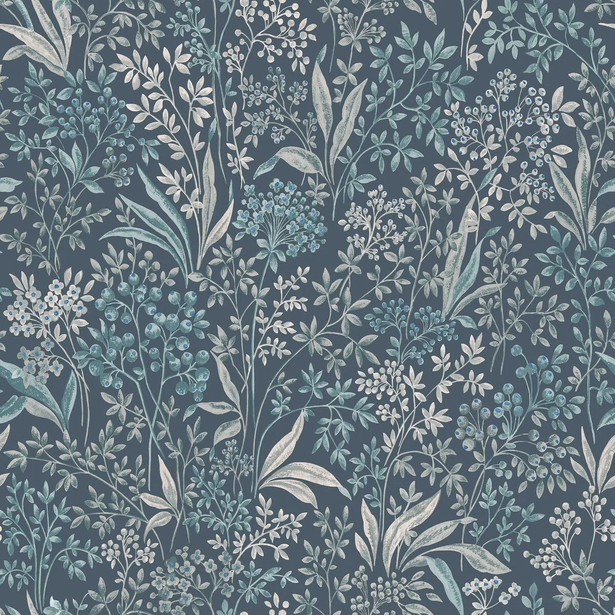 Non-woven paper wallpaper with a botanical pattern NOCTURNE dark blue