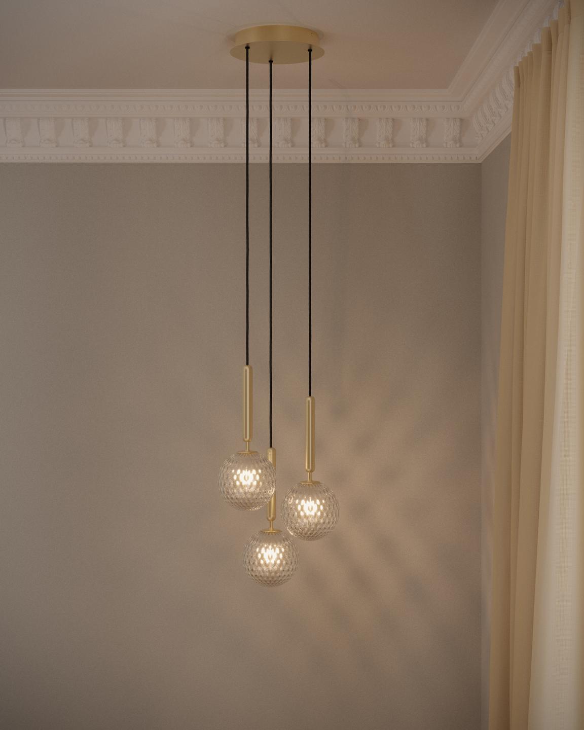 Závesná lampa MIIRA 3 mosadzná s priehľadným sklom