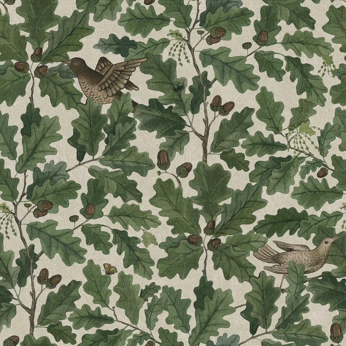 Wallpaper with a plant motif of leaves and birds IN THE OAK green with white