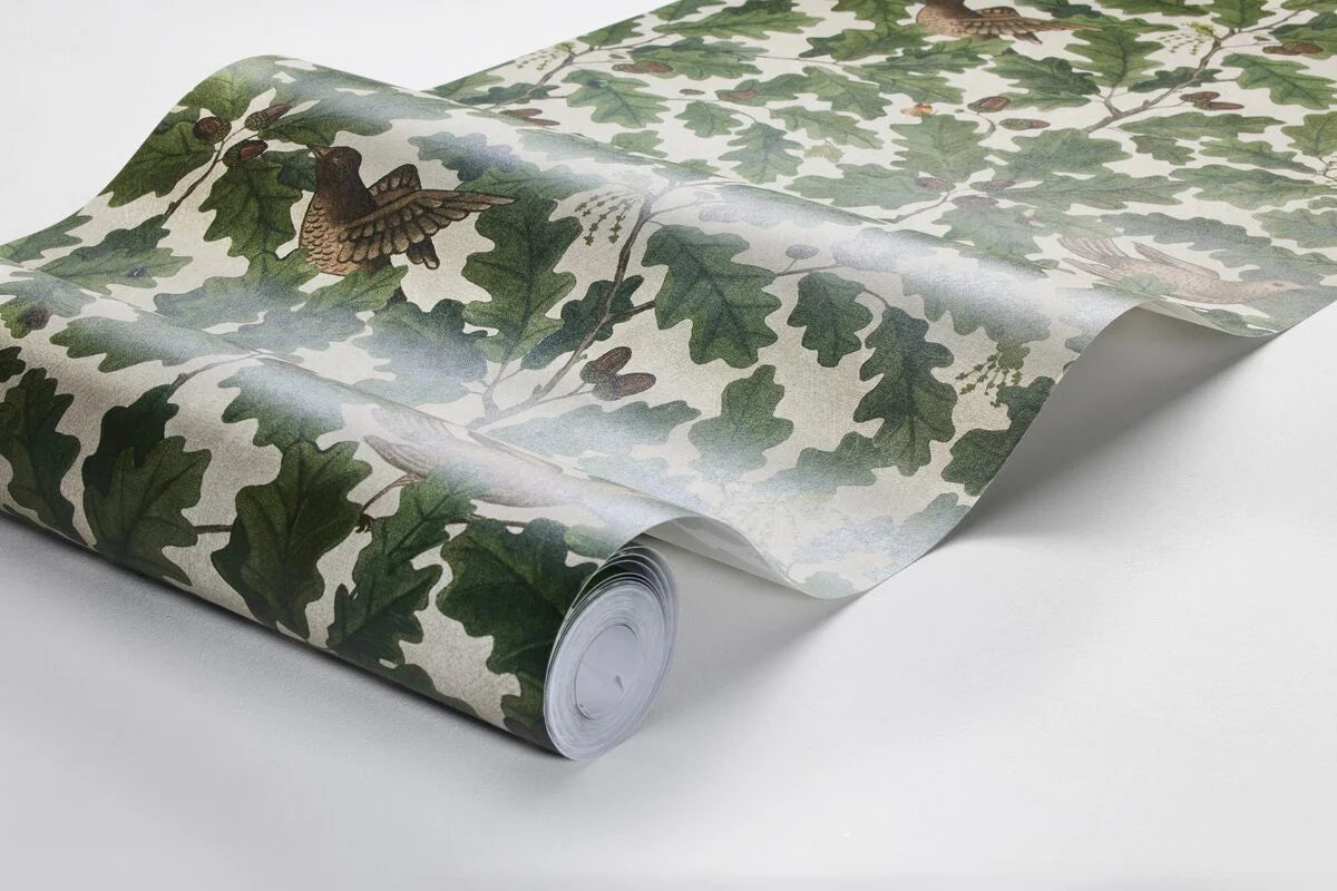 Wallpaper with a plant motif of leaves and birds IN THE OAK green with white