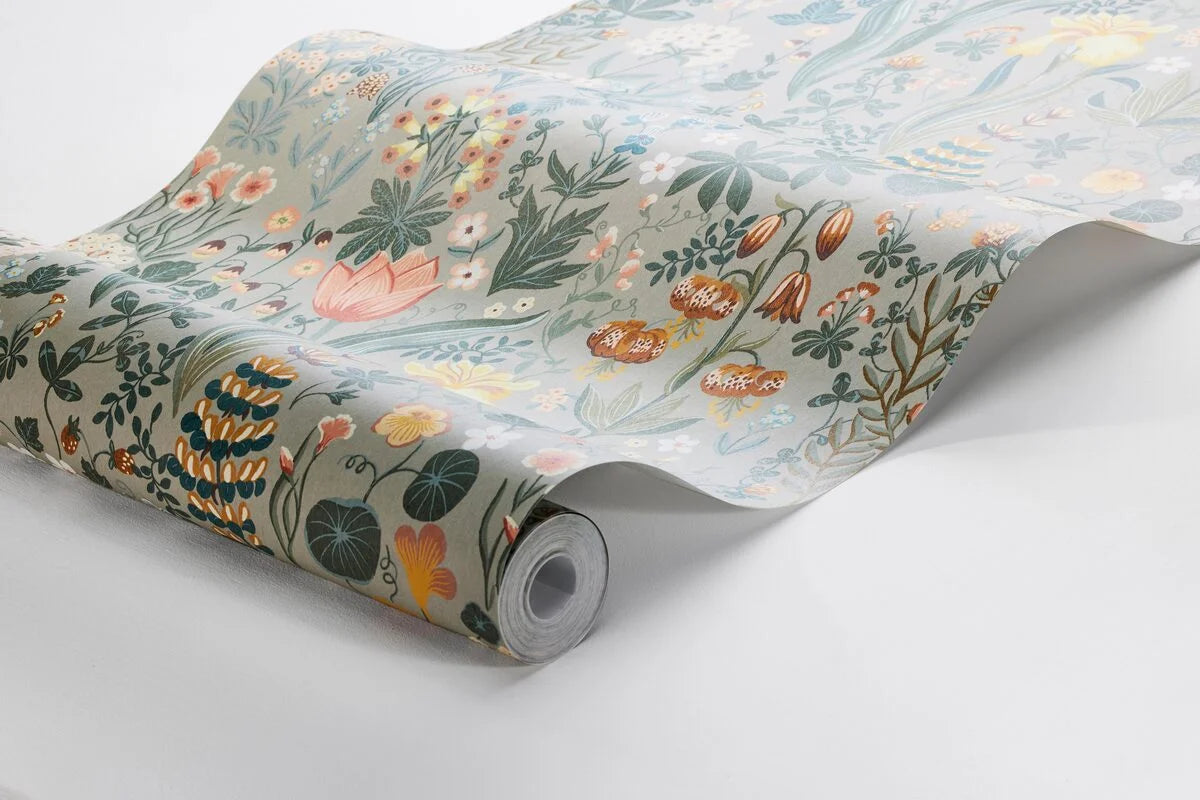 Flower Pattern Wallpaper BLOMSTERHAV Gray with Green