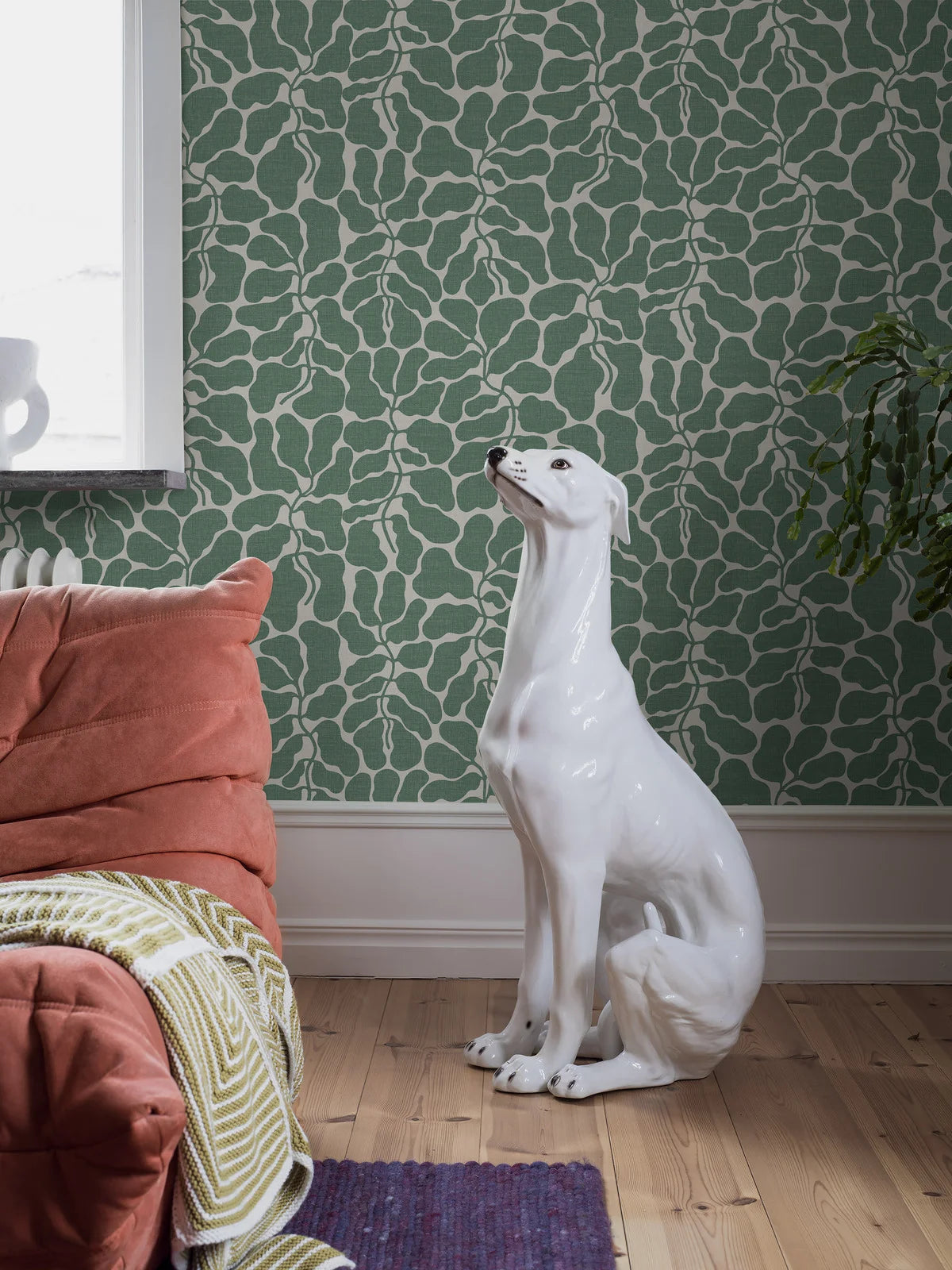 Non-woven paper wallpaper with a botanical pattern MY SECRET GARDEN green with white