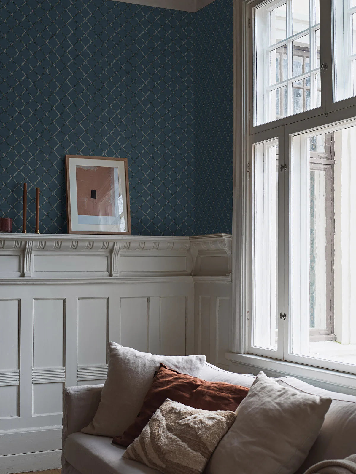 Golden Trellis Geometric Wallpaper in Navy Blue and Gold