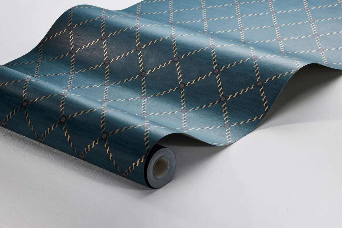 Golden Trellis Geometric Wallpaper in Navy Blue and Gold