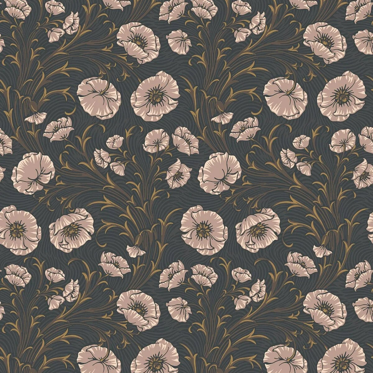 Dark Green Floral Poppy Flow Wallpaper with Beige