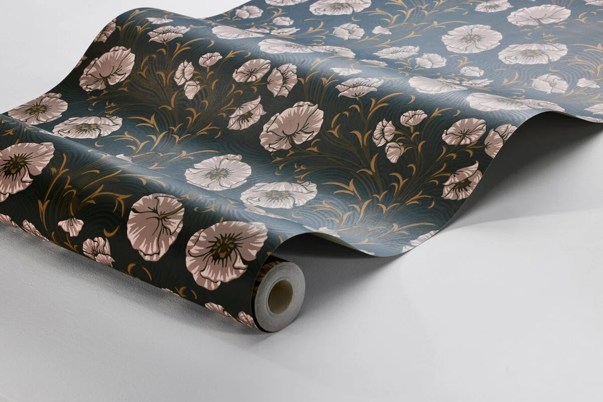 Dark Green Floral Poppy Flow Wallpaper with Beige