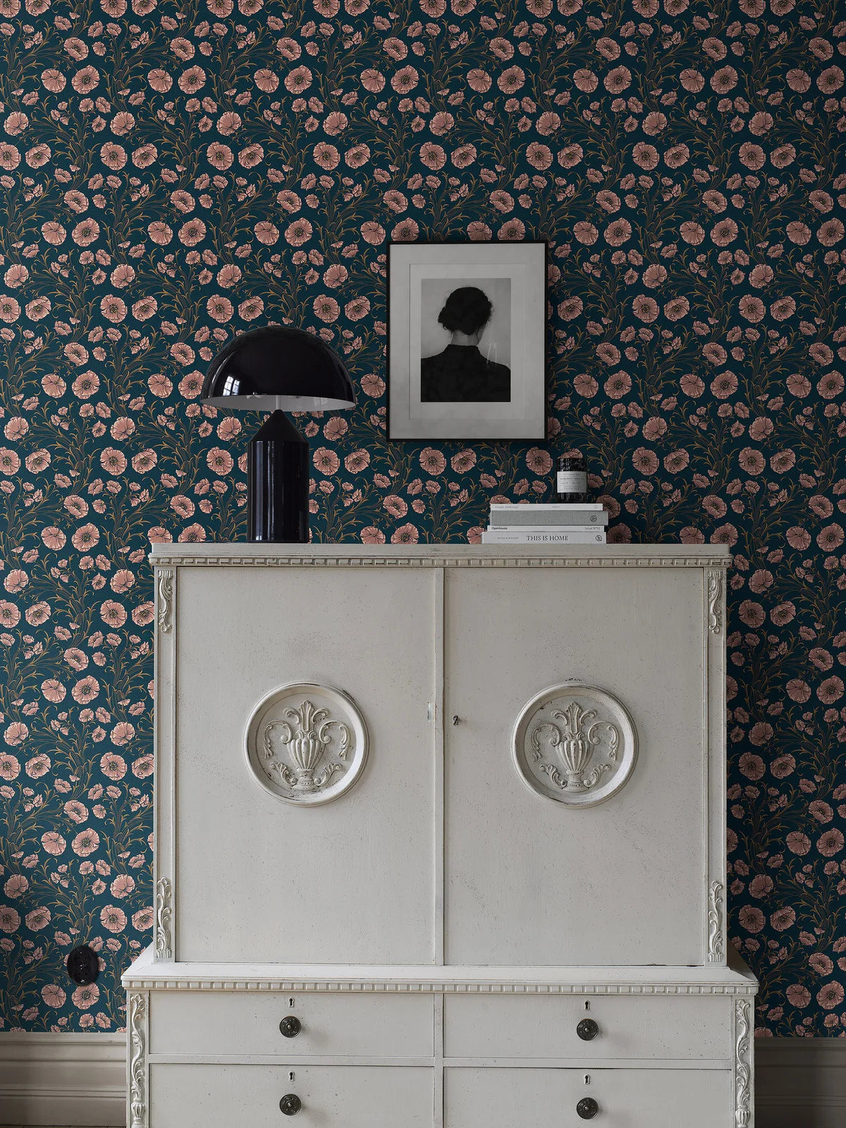 Navy Blue Poppy Flower Botanical Wallpaper with Pink
