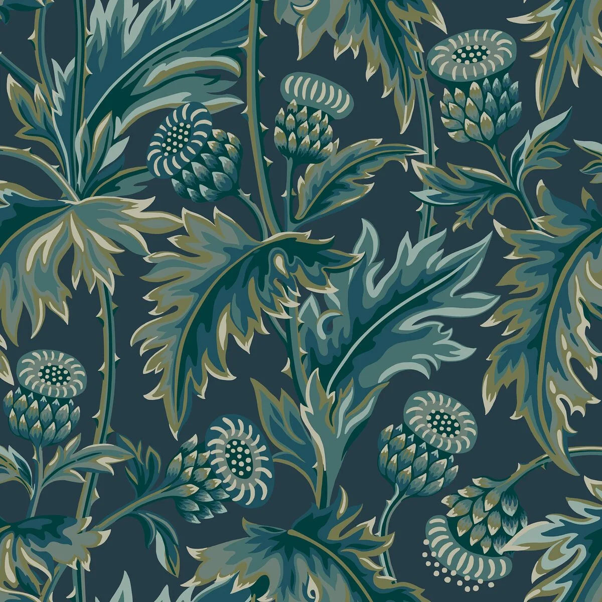 Treasured Thistle Blue and Green Floral Wallpaper