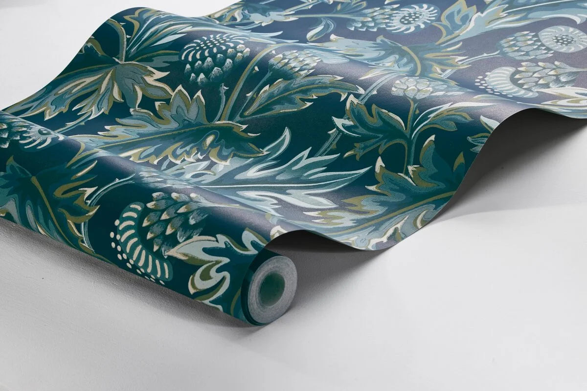 Treasured Thistle Blue and Green Floral Wallpaper