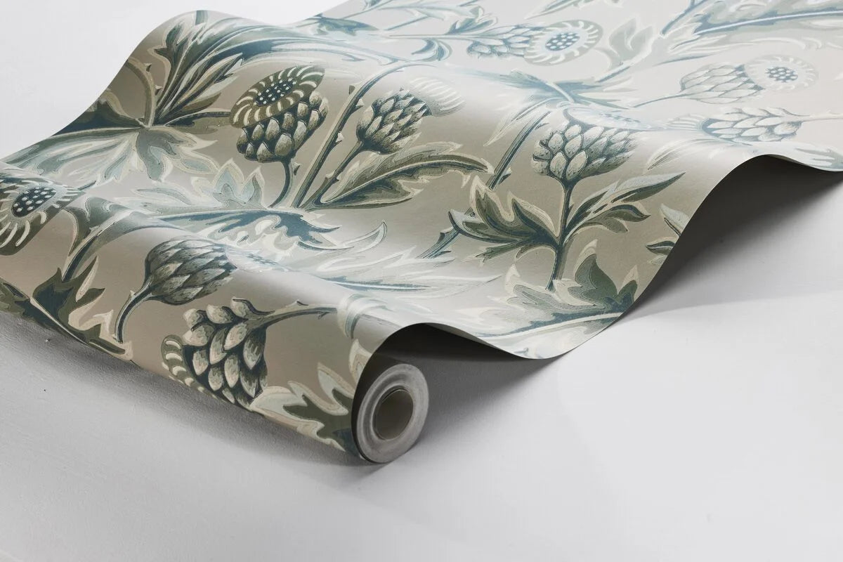 Treasured Thistle Plant Motif Wallpaper in Beige and Green