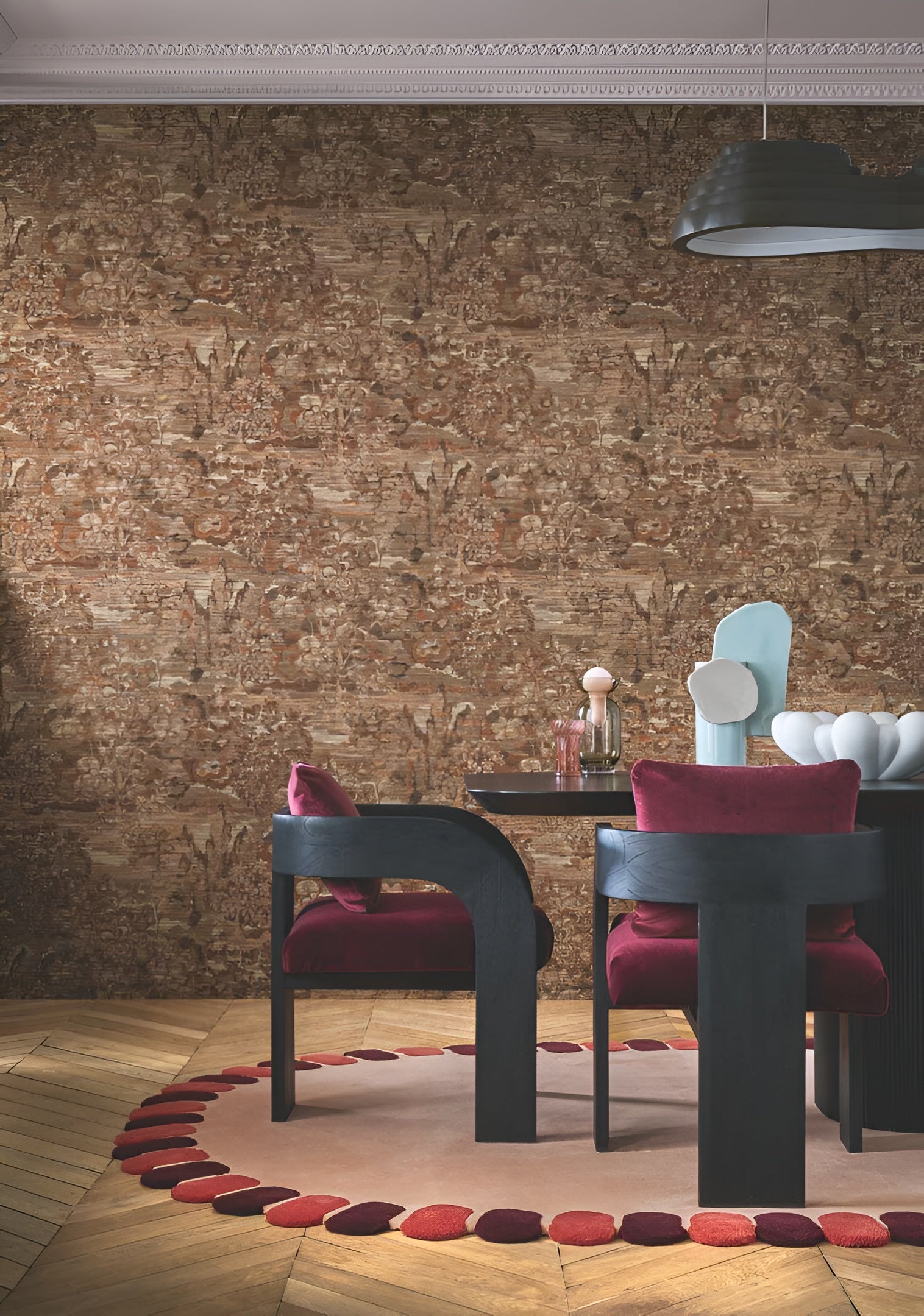 Textile structural wallpaper with a leafy plant pattern VERDURE - ORANGE BRULÉ burnt orange