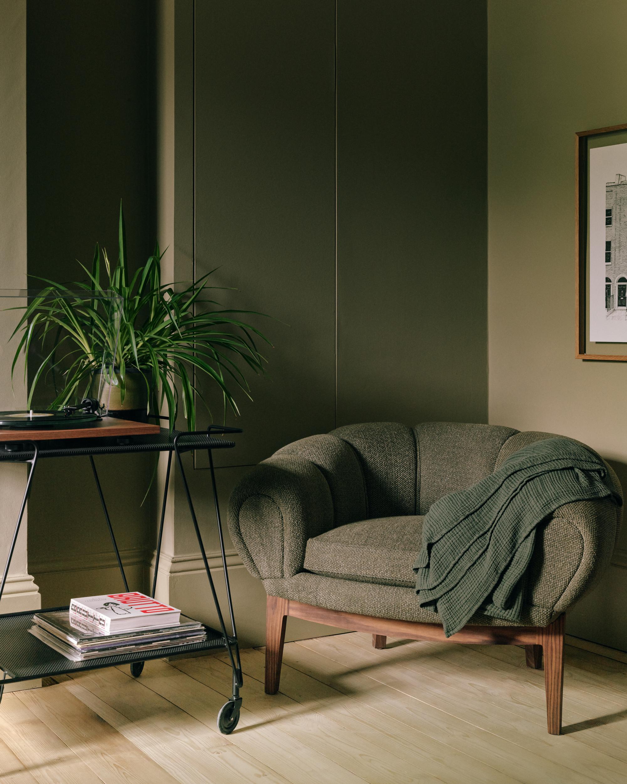 CROISSANT upholstered armchair with walnut base