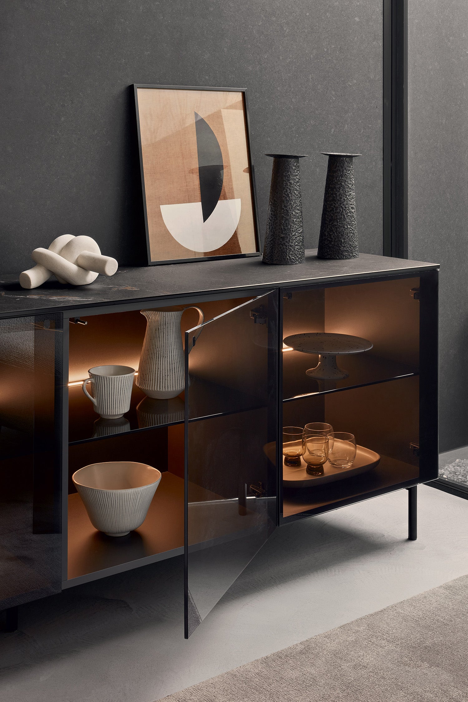 Glass sideboard with lighting UNIVERSAL matte black and brown ceramics