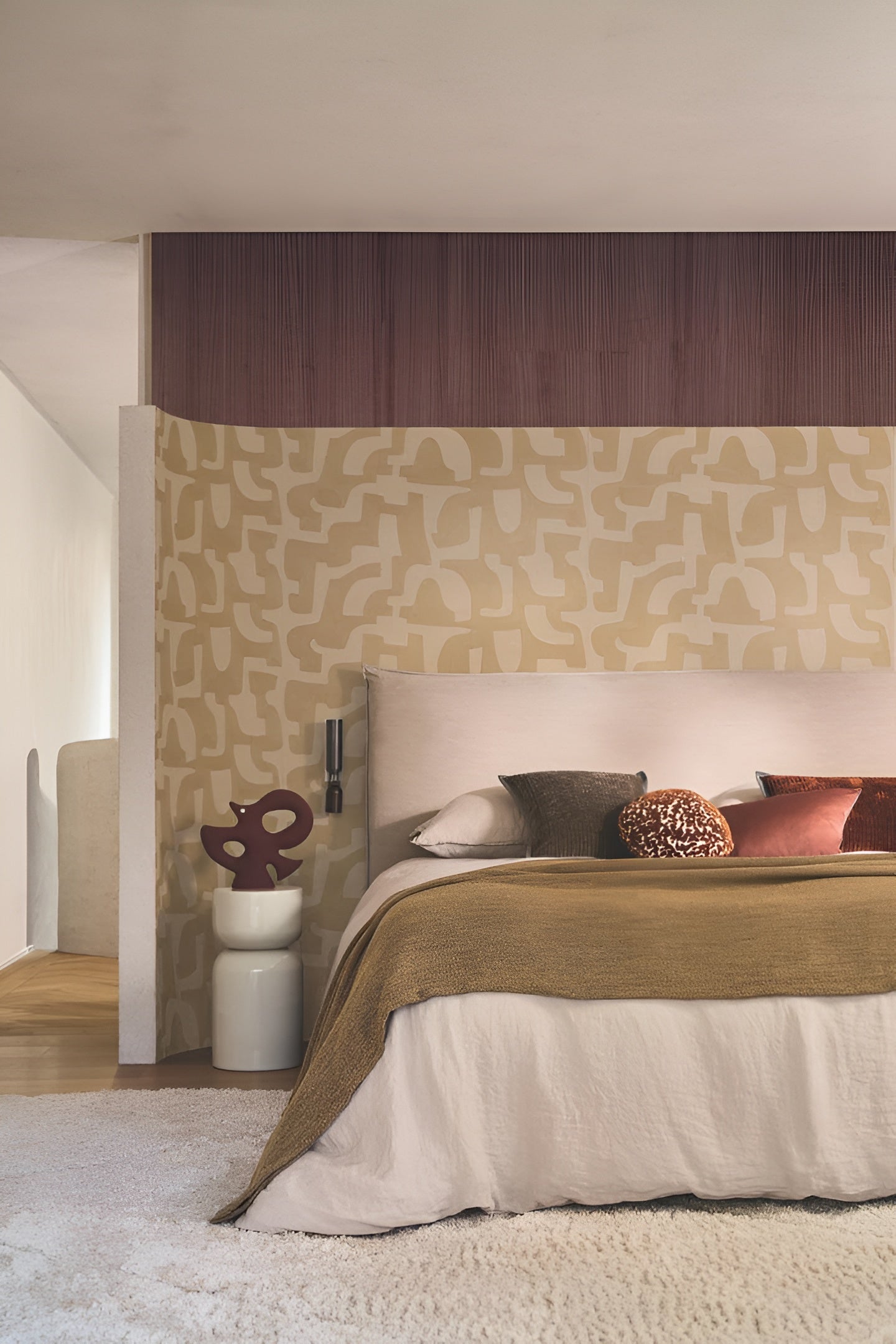Embroidered wallpaper with geometric pattern SONATE - BEIGE MARRON GLACÉ beige with brown