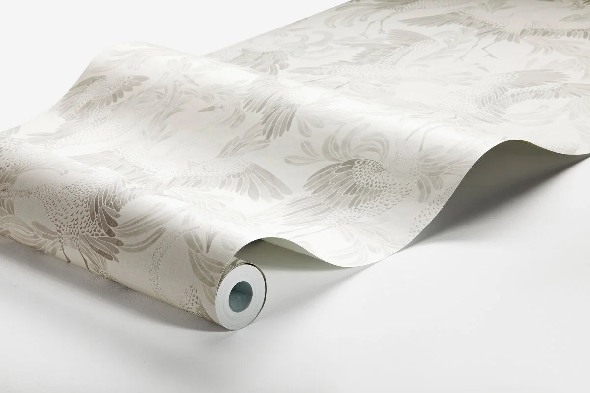 DANCING CRANE White and Gray Bird Pattern Wallpaper