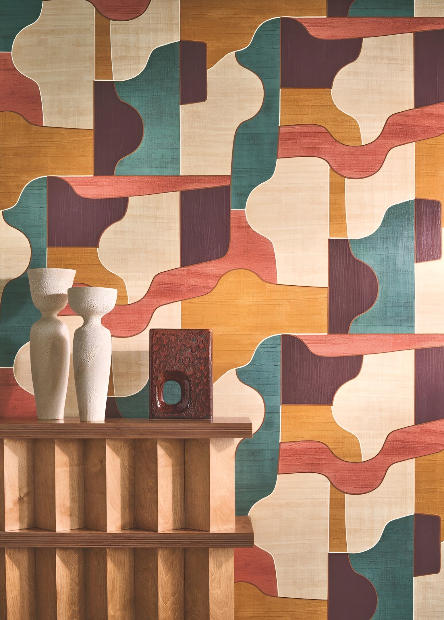 Structural wallpaper imitating wood with a geometric pattern MODERNISMO - AMBRE/KAKI green with amber