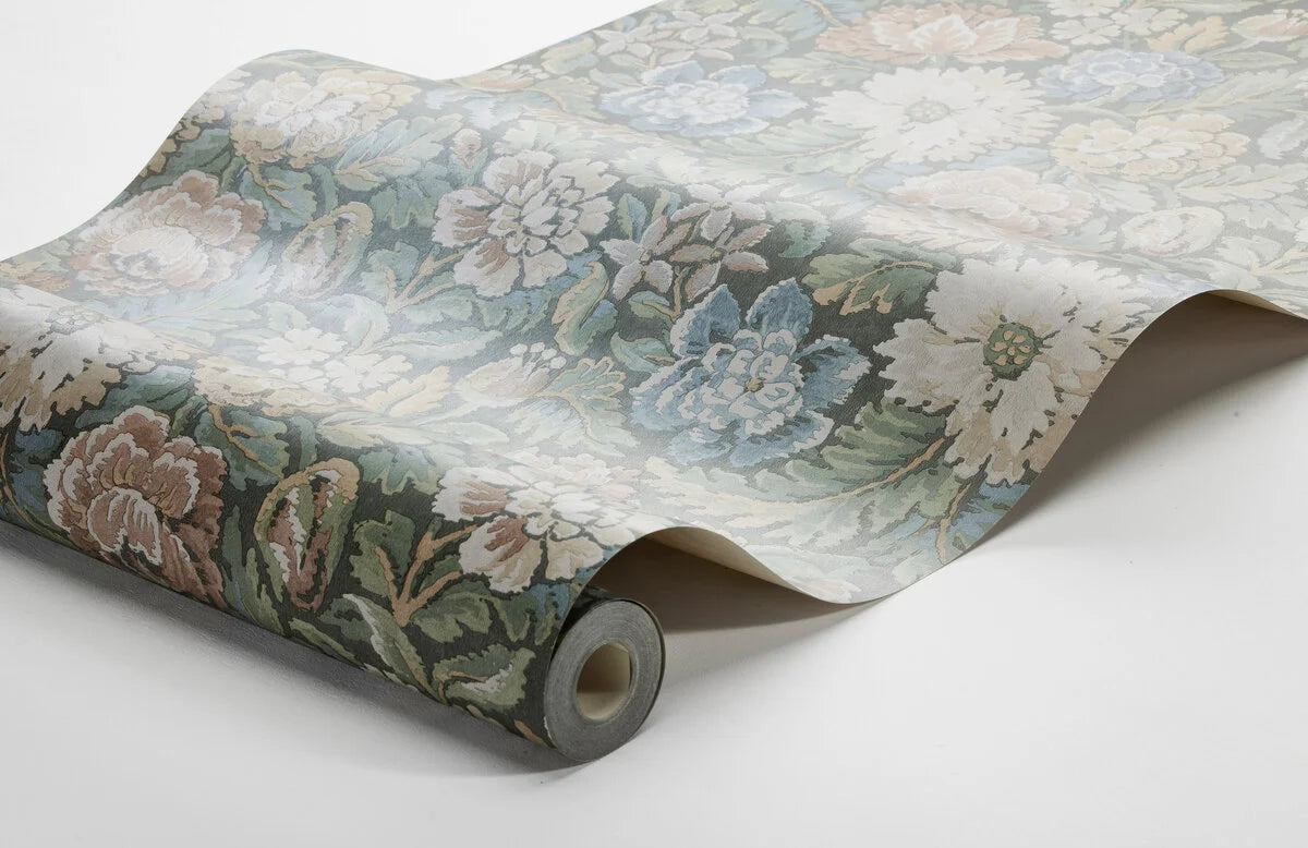 Tapeta s rastlinným vzorom kvetov NOČNÝ SLÁVIK zhasnutá zelená