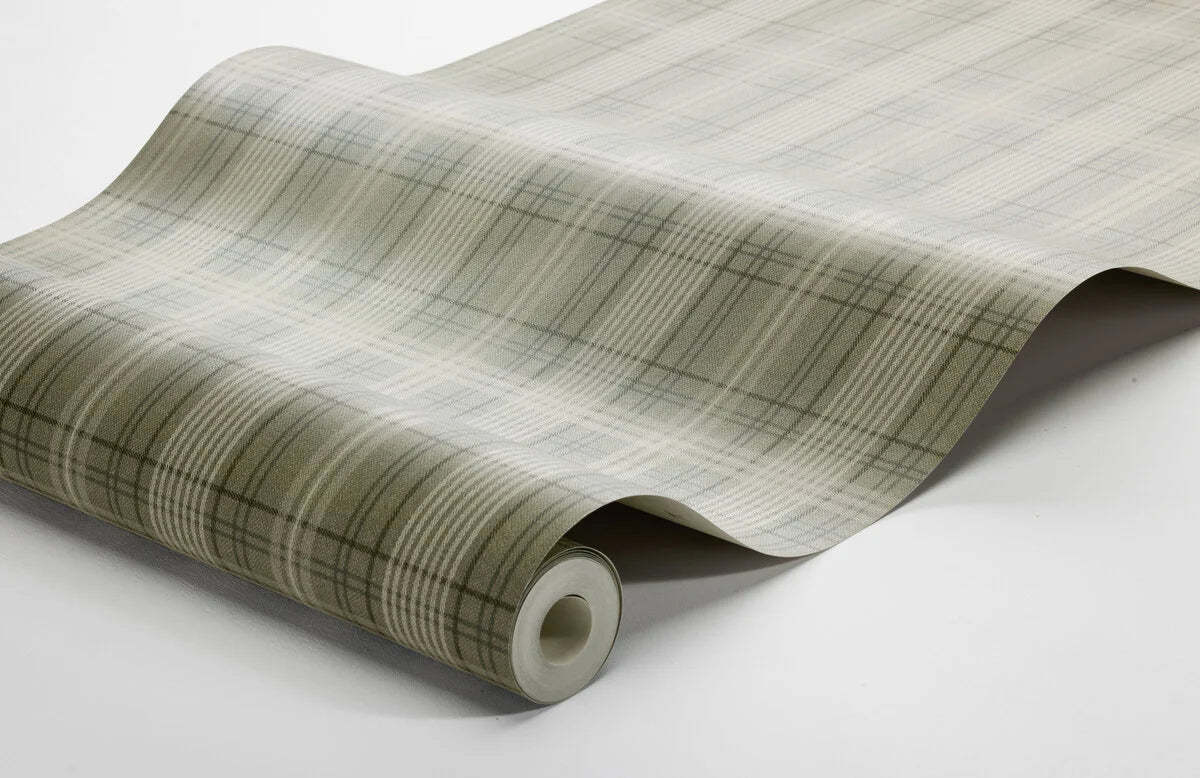 Tapeta s geometrickým vzorom v škótskej kocke TAILOR’S TWEED tlmená zelená s béžovou