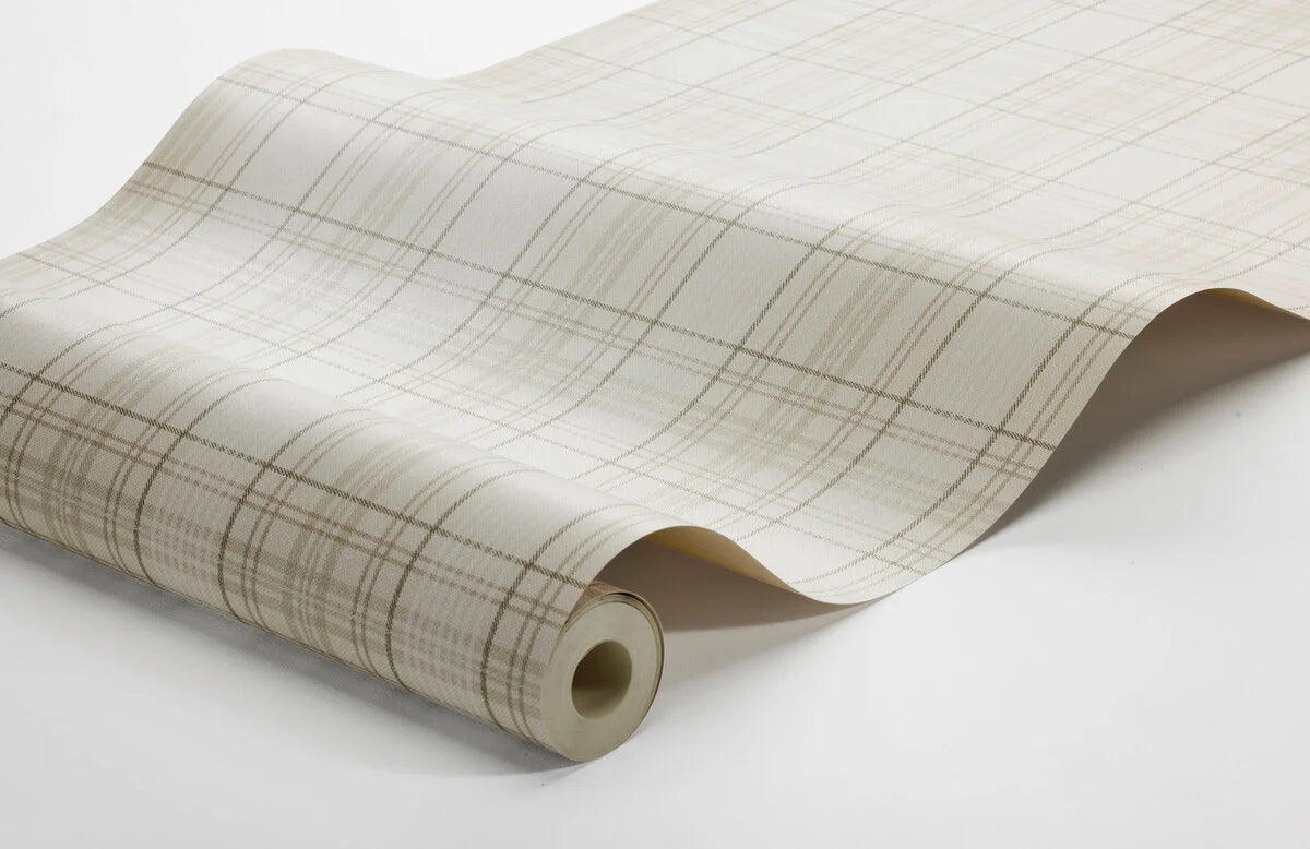 Beige geometric patterned wallpaper in Scottish tartan TAILOR’S TWEED with white