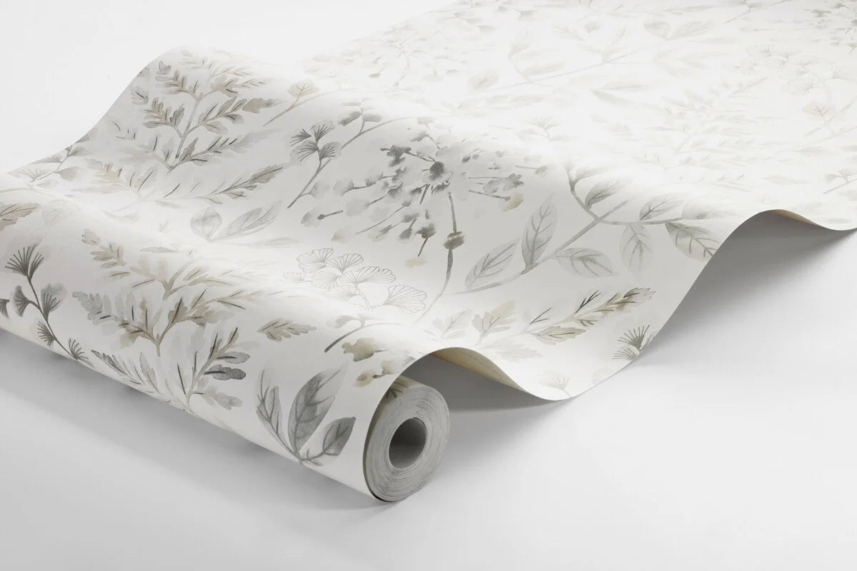 Non-woven paper wallpaper with a botanical pattern SIGRID muted gray with beige
