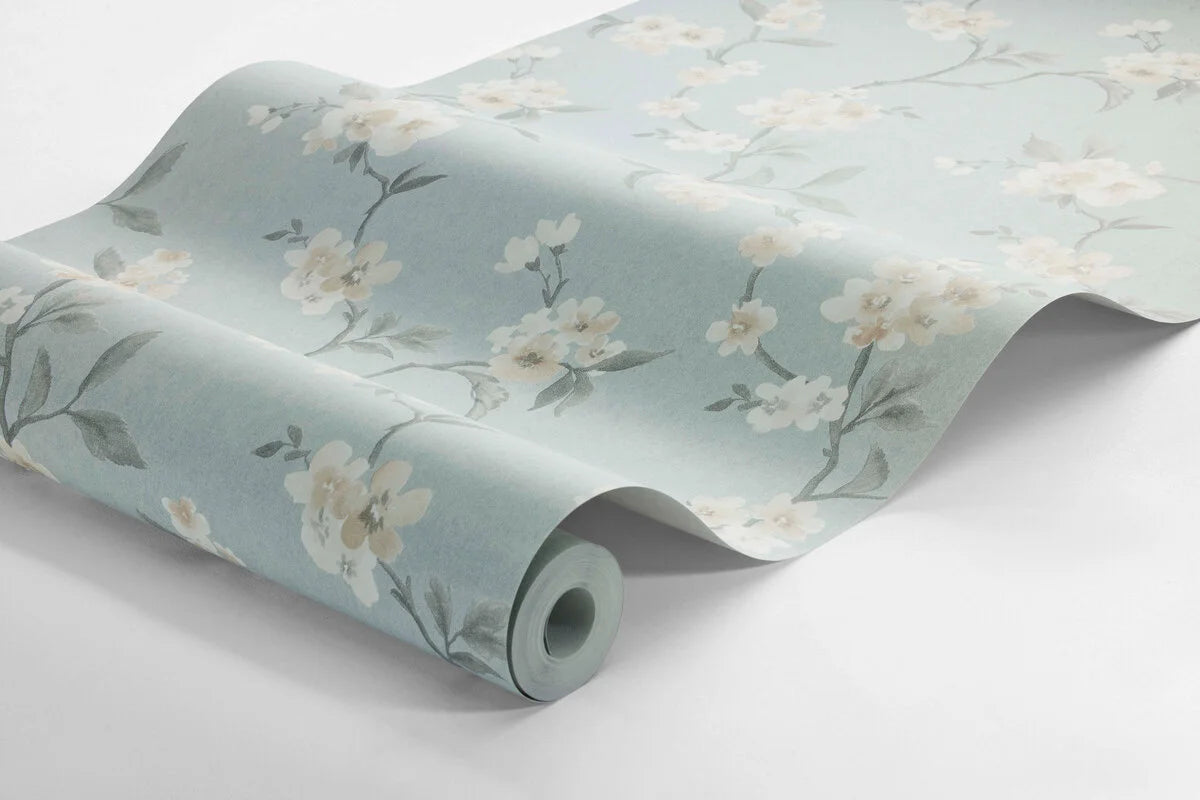 Non-woven paper wallpaper with a floral pattern MARIE blue with cream
