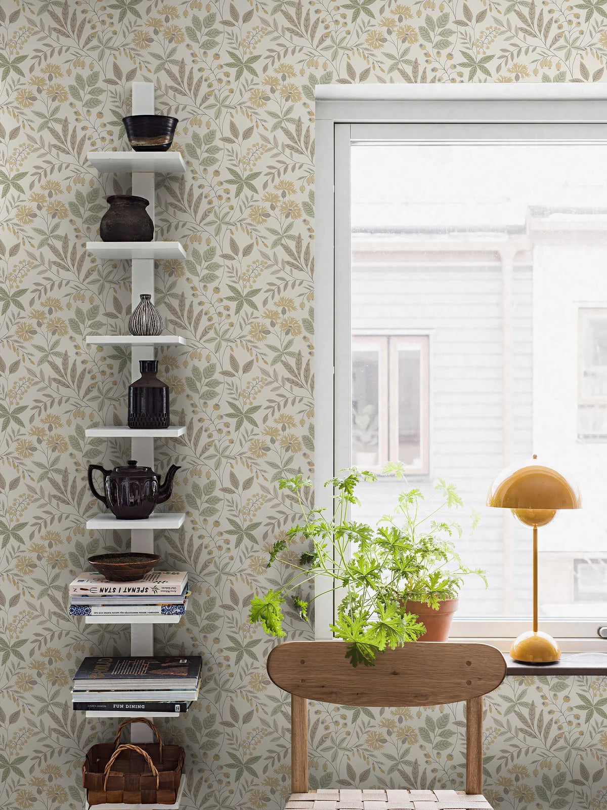 Non-woven paper wallpaper with a plant pattern VILMA light beige with green and yellow