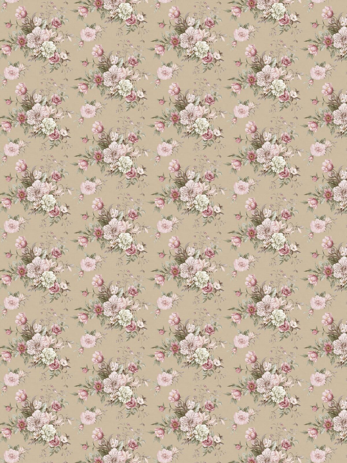 Papierová flizelinová tapeta s rastlinným vzorom FLORAL CHARM tmavý béžový s ružovou a bielou