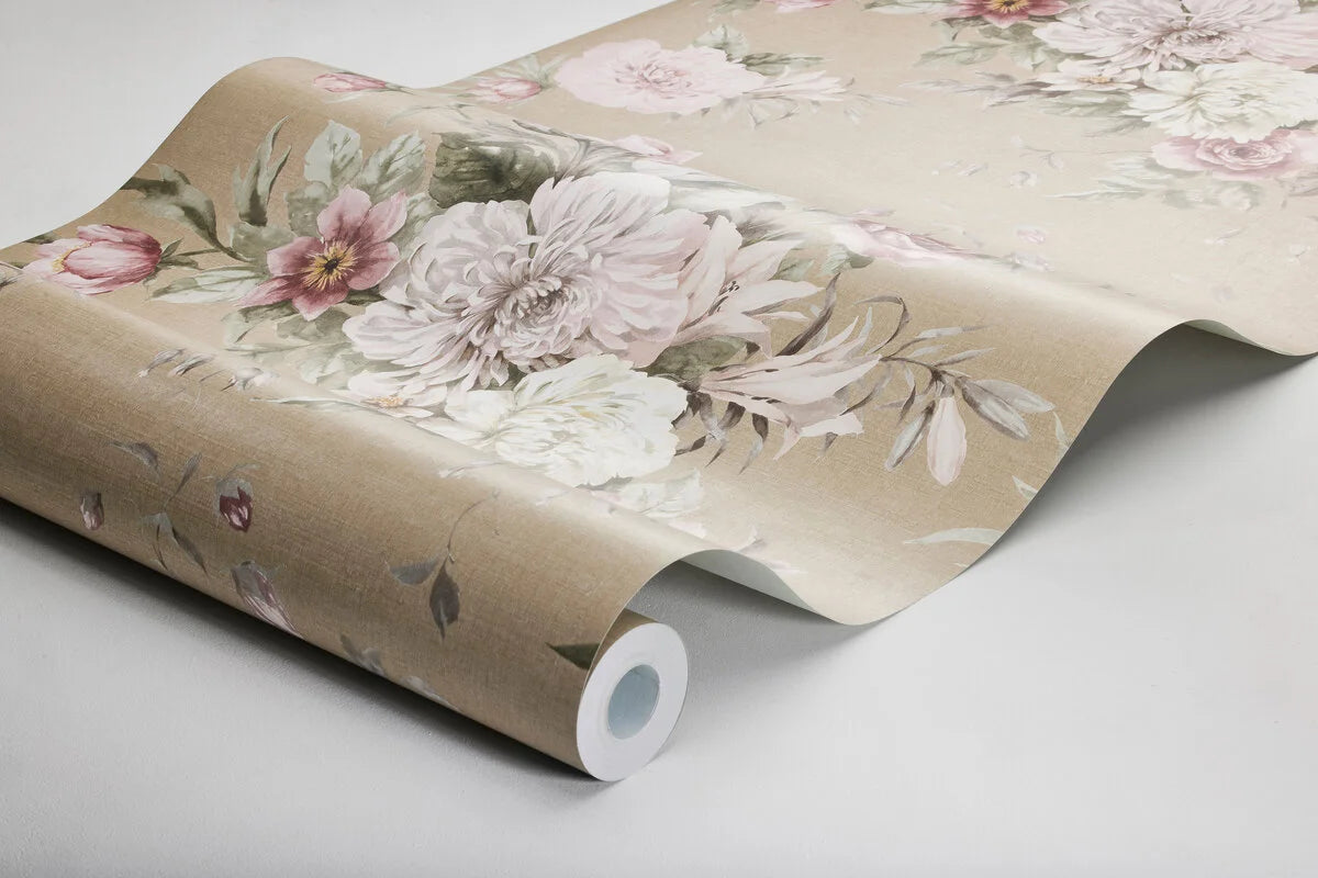 Papierová flizelinová tapeta s rastlinným vzorom FLORAL CHARM tmavý béžový s ružovou a bielou