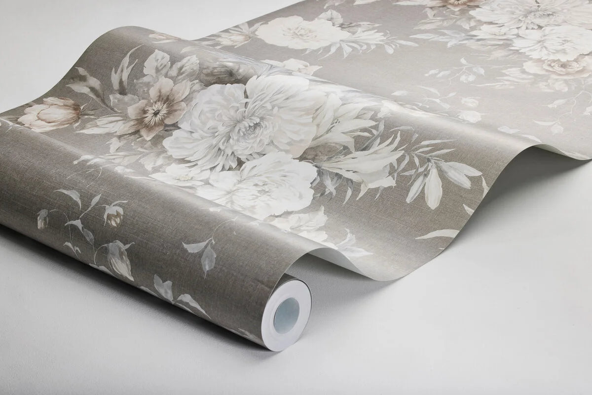 Papierová flizelínová tapeta s rastlinným vzorom FLORAL CHARM hnedá s bielou