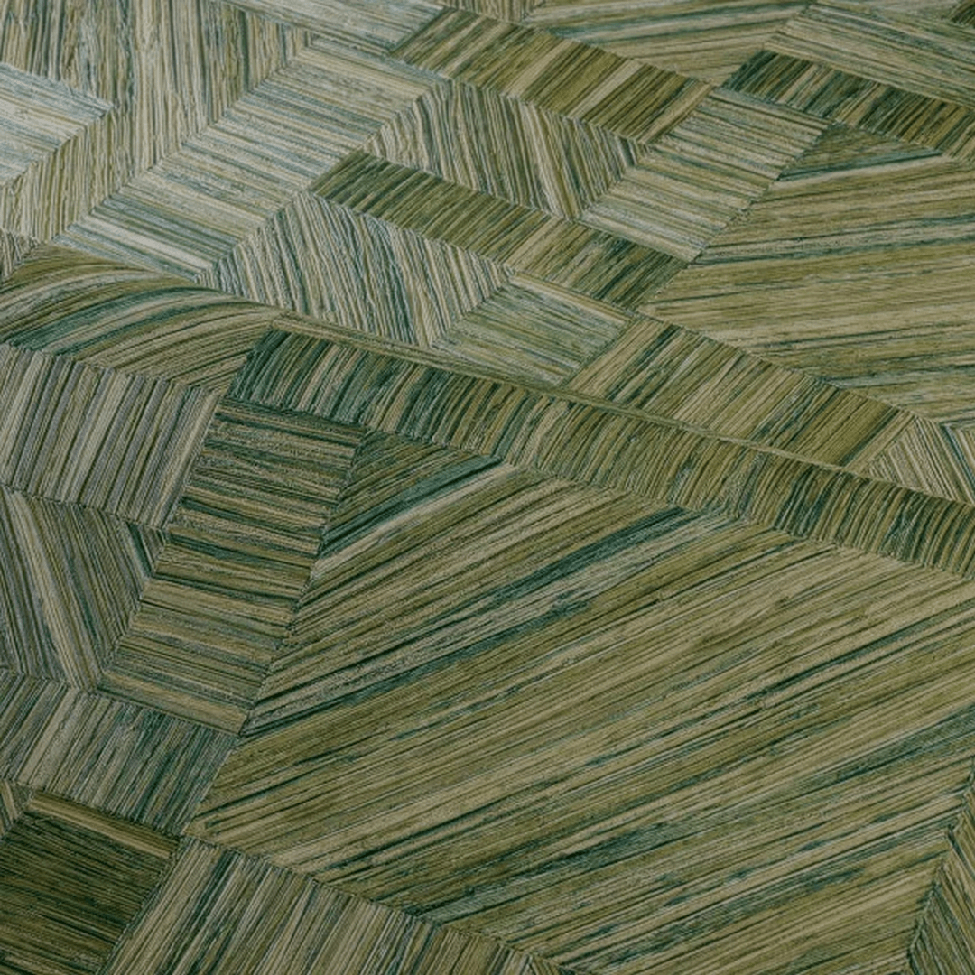 Tapeta štrukturálna geometrická imitujúca slamenný patchwork IMBRICATION - ZELENÁ MOUSSE