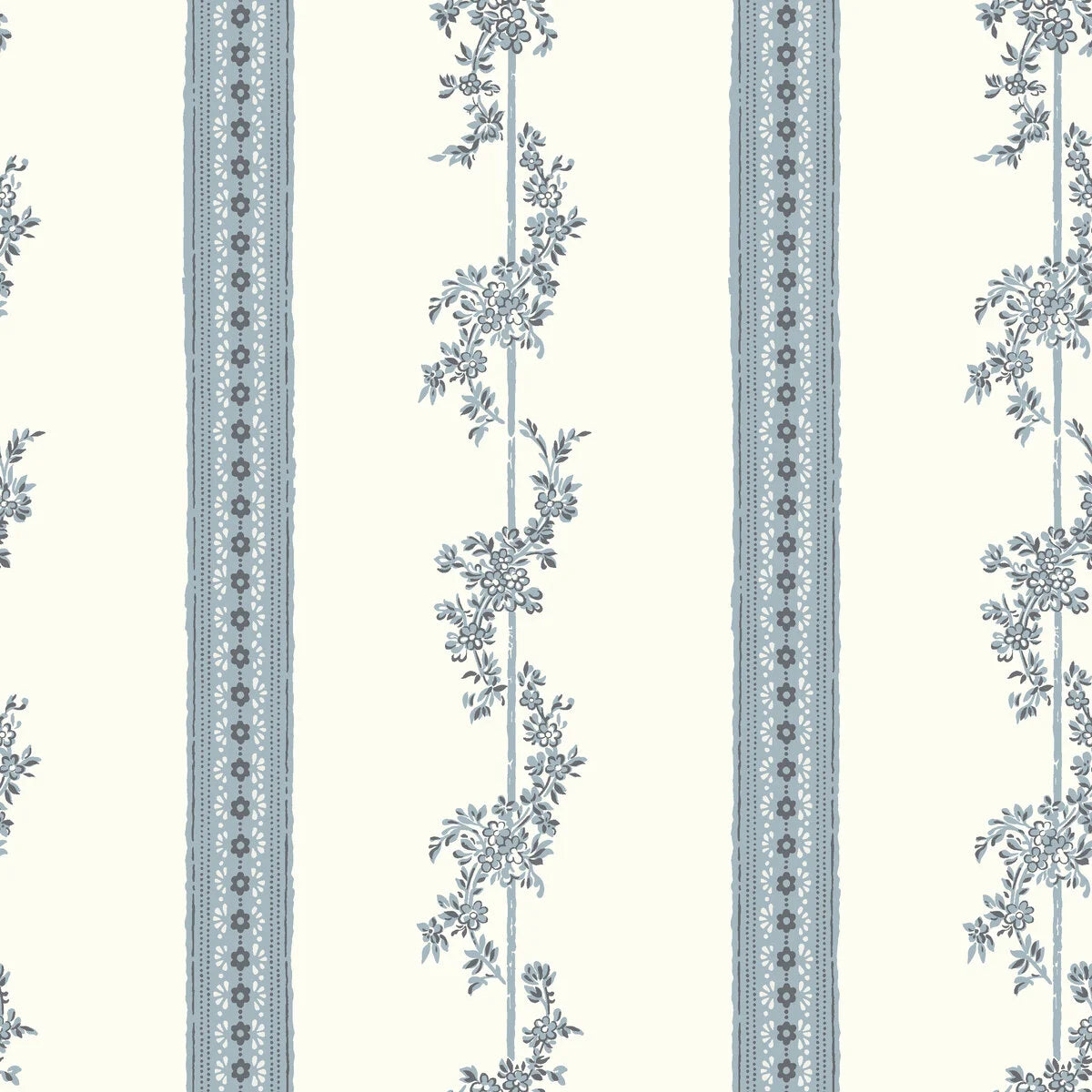 Non-woven paper wallpaper with a floral pattern DROTTNINGHOLM blue with cream