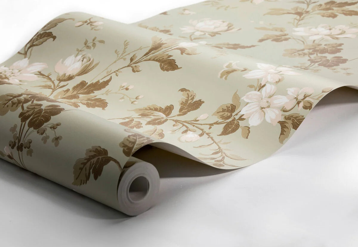 Non-woven paper wallpaper with a floral pattern BLOMSLINGA green with white