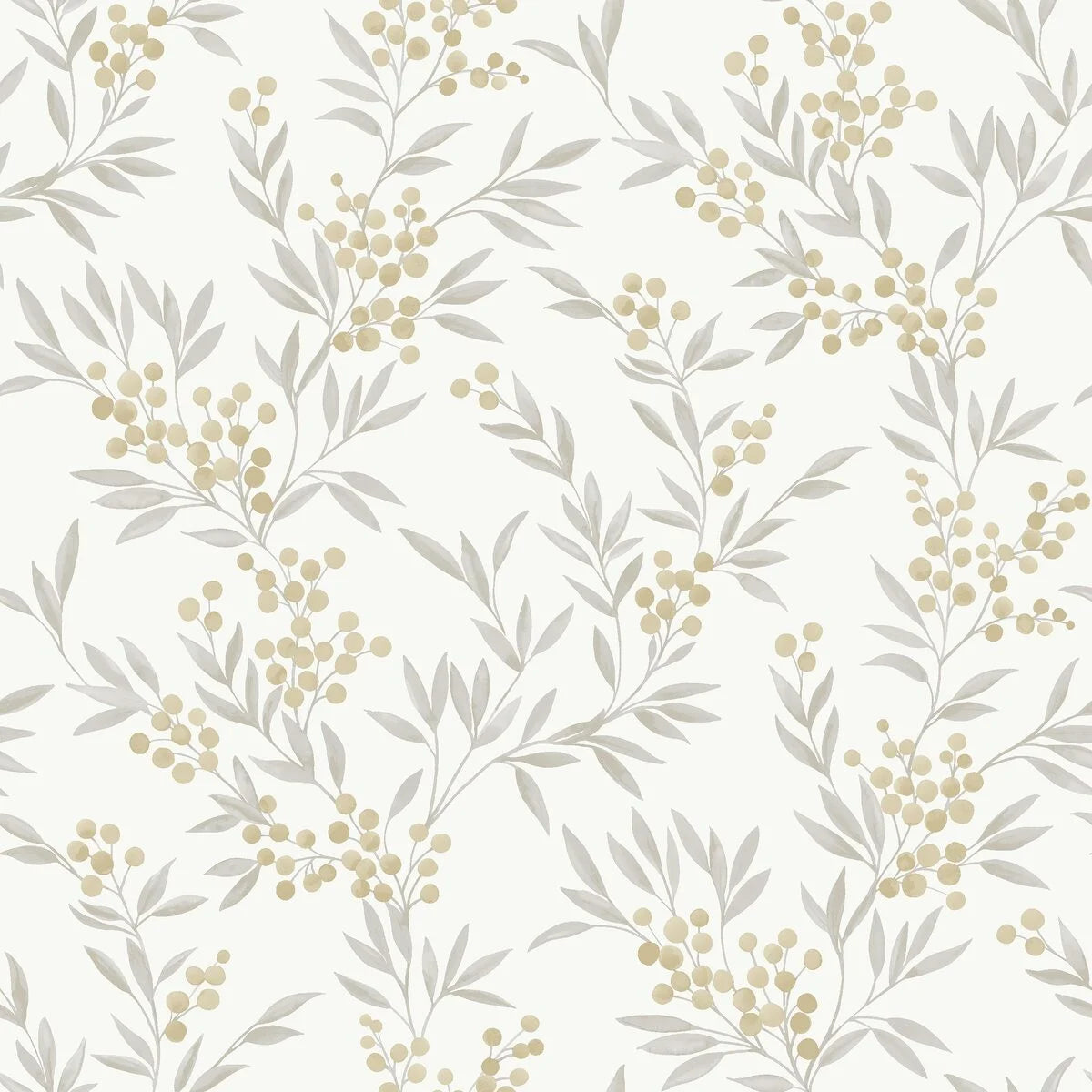 Forest Berries Floral Wallpaper in White and Gray