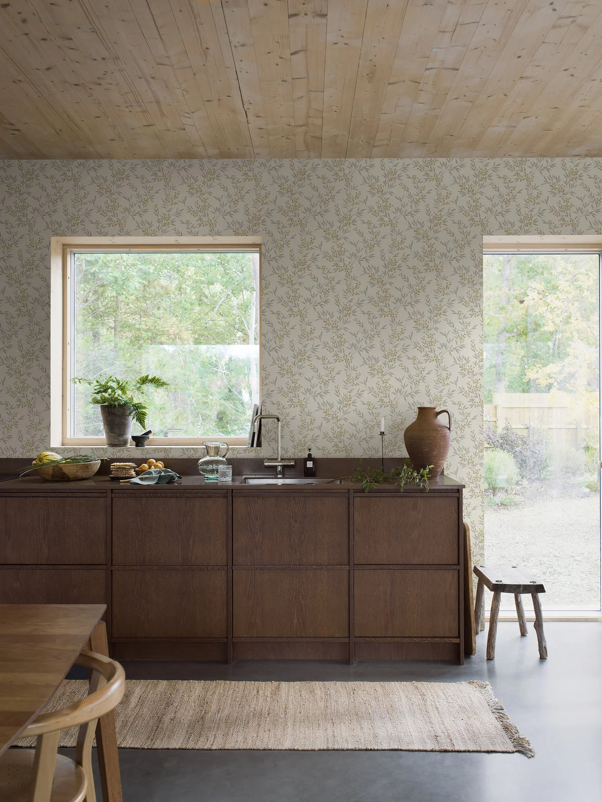 Forest Berries Floral Wallpaper in White and Gray