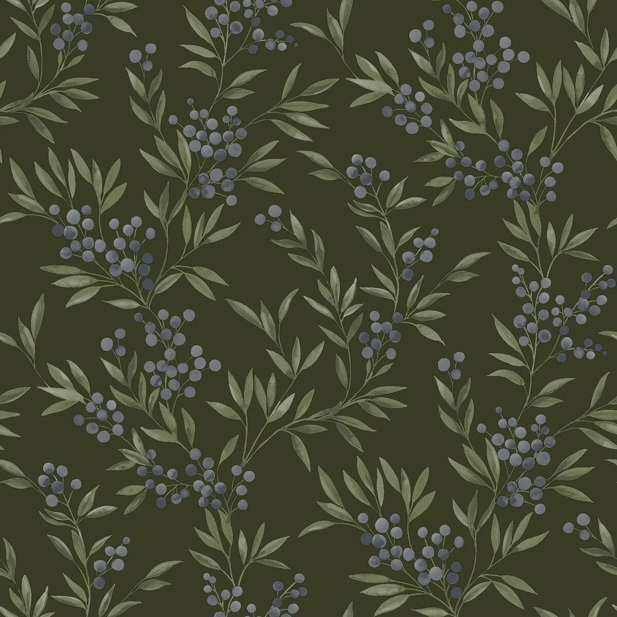 Forest Berries Green and Blue Floral Wallpaper