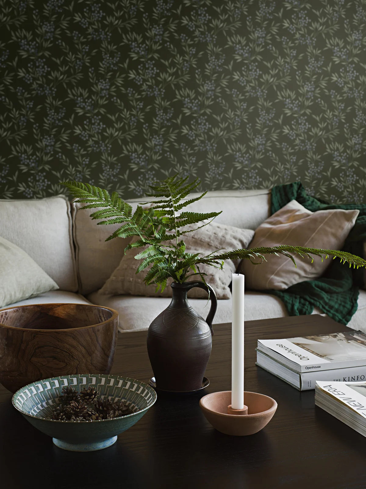 Forest Berries Green and Blue Floral Wallpaper